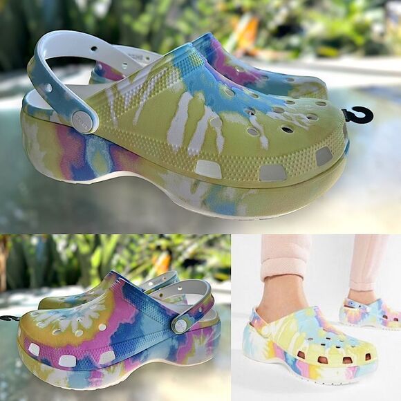 Crocs Classic Platform Tie Dye Clogs Yellow Pink Blue Size 10 - Picture 1 of 11